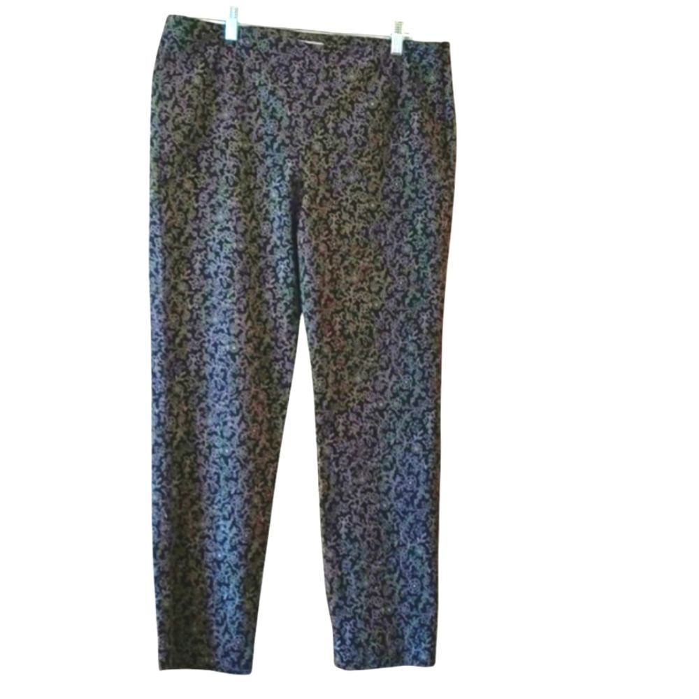 J JILL Pant Straight Leg Cotton Spandex Black White Floral Slimming 10